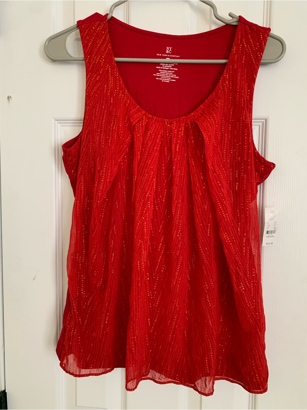 NEW YORK & CO Women’s Red Rounded Neck Sleeveless Sheer Overlay Tank Blouse